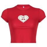 YESMYTOOL  -  Casual Heart Cherry Print Crop Top Tee Cutecore Korean Style Short Sleeve T-shirts for Female Preppy Style Gilrs Y2K