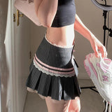 YESMYTOOL  -  y2k Stripe Howsweet Mini Skirt Women Vintage Aesthetic Lace Trim Bow Pleated Skirt 2000s Coquette Clothes Kawaii Chic