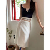 YESMYTOOL  - Elegant White Women Skirt Fairycore Ruffle Mid Skirts Coquette Summer Sexy A-line Basic Casual Korean Style Silk Skirt