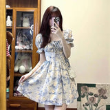 YESMYTOL  -  Lazy Style French Style Square Collar Puff Sleeve Floral Dress Women's Summer Holiday Style Tight Waist A- Line Short Skirt