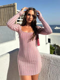 YESMYTOOL  -  Knitted Square Collar Women Dresses Long Sleeve Hip Package Lady Dress 2024 Fashion Elegant Sexy High Waist Slim Lady Mini Robe