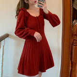 YESMYTOOL  - Winter Knitted Women Dress Sweater Mini Dress Autumn Fashion Vintage O-Neck One-Piece Dress Sweet Long Sleeve Ruffles Elegant