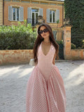 YESMYTOOL  -  Fashion Pink Plaid Print Halter Dress Women Sexy V-neck Off Shoulder Pleated A-line Dresses 2024 High Street Vacation Vestido