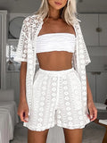 YESMYTOOL  -  Holiday Sexy Women Lace 2-piece Set Summer Women Shorts Sets 2024 New Casual White Lace Hollow Short Sleeve Cardigan+Shorts Set