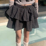 YESMYTOOL  -  Ruffle Plaid Mini Skirt Women Kawaii Preppy Style Short Skirts Layered Sweet Cute Korean Fashion Casual Street Skirt