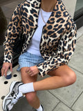 YESMYTOOL  -  Women Casual Leopard Print Bomber Jacket Elegant Lapel Long Sleeves Zipper Pockets Loose Coat 2024 Autumn Lady High Streetwewar