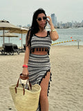 YESMYTOOL  -  Women Sexy Knit Stripe Skirt Set Fashion U-neck Sleeveless Tassel Patchwork Short Vest Suit Lady Split Long Skirts Beach Outfits