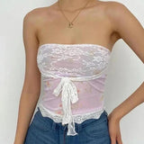 YESMYTOOL  -   Sweet Korean Strapless Summer Mini Tube Top Cute Coquette Printed Lace Patchwork Holidays Crop Tops Women Tie-Up Cute