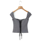 YESMYTOOL  -  Top Short Sleeve Square Neck Ladies Sexy Chic Tops Y2K Women Lace Up Bandage Back Gray Crop