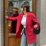 YESMYTOOL  -  Elegant Red Lapel Blazer Coats Women Loose One Button Long Sleeve Solid Jackets 2024 Autumn New Female Urban Tops Streetwear