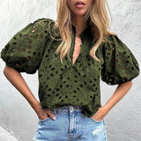 YESMYTOOL  -  Hollowed-out Embroidery Lace Jacquard Blouse Women 2024 Spring Stand Collar Button Shirt Summer Lantern Short Sleeve Office Tops