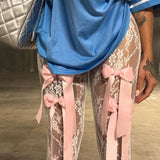 YESMYTOOL  -   Bow Tie See Through Lace Flare Pants Street Wear Bottoms Women Y2k Fashion Sexy White High Waisted Pants