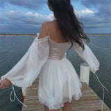 YESMYTOOL  -  2024 Patchwork Long Puff Sleeve Corset Dress Women Fashion Summer White Ball Gown Party Dresses Sexy Spaghetti Strap Short Dress