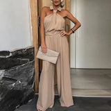 YESMYTOOL  -  Sexy Halter Off Shoulder Commuter Jumpsuit Women Spring Solid High Waist Straight Romper Summer Back Zip Wide Leg Pants Overalls