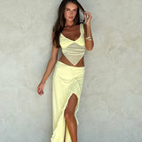 YESMYTOOL  -  Two Piece Summer Outfits Women Mesh Patchwork Ruffle Split Long Skirt And Crop Top Sexy Yellow Vacation Dress Y2K