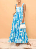 YESMYTOOL  -  Holiday Striped Beach Blue Long Maxi Dress for Women Summer 2024 Fresh and Sweet Spring Striped Printed Collar Lace-Up Dress