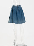 YESMYTOOL  - Blue Pleated Denim Skirt Women 2024 New Spring Summer Casual Fashion Mid Waist A-line Midi Skirts Retro Simple Long Faldas Lady