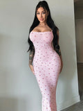 YESMYTOOL  -  Casual Sweet Cherry Pattern Printed Summer Slip Dresses for Women 2024 Sexy Bodycon Pink Holiday Beach Long Dress Streetwear