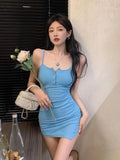 YESMYTOOL  -  Women Blue Pink Slim Sexy Club Asymmetric Pleated Mini Slip Dress Summer Black Button Sleeveless Backless Wrap Hip Short Dresses