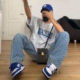 YESMYTOOL  -  Y2k Women Vintage Denim Pants 2024 High-Waist Trousers Ripped Party Loose Straight Jeans Bottoms 90s Streetwear Hollow Blue New