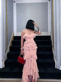 YESMYTOOL  -  High Split Fork Ruffle Layered Bodycon Dress Sexy Off Shoulder Sleeveless Strapless Pink Dresses Chic Party Evening Gowns Women