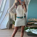 YESMYTOOL  -  Elegant Solid Color O Neck Mini Dress Summer Tassel Long Sleeve Knitted Slim Party Dress Temperament Holiday Beach Short Dresses