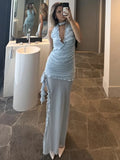 YESMYTOOL  -   Deep V Neck Slim Maxi Dresses For Women Mesh Splice See Through Folds Long Dress Femme Side Slit Sexy Evening Dress Woman