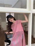 YESMYTOOL  -   Summer New Y2K Hollow Out Women's Dress Chicly Solid Sweet Sexy Dress Woman Pink Korean Loose Fashion Dresses Female