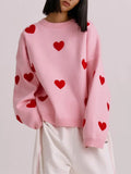 YESMYTOOL  -  Love Heart Printed Knitted Sweater Pullover Tops Fashion O Neck Thickened Long-sleeved Sweaters Women Oversized Street Jumper