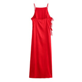 YESMYTOOL  - Red Satin Dress Woman Ties Backless Long Dress Women Sleeveless Elegant Party Dresses 2024 New Summer Sexy Evening Dresses