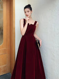 YESAMYTOOL  -  Burgundy Velvet Evening Dress Elegant Spaghetti Strap Ruched Engagement Gown Sexy Backless Zip Simple Ankle-Length Party Vesidos