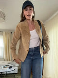 YESMYTOOL  -  Vintage Khaki Suede Leather Blazer Coat Women Elegant Lapel Full Sleeves Single Breasted Jacket Autumn Chic Lady Street Outwear