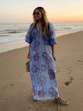 YESMYTOOL  -  Casual Printed Long Dresses Loose Striped V Neck Half Lantern Sleeve Female Dress 2024 Summer Lady Holiday Beach Linen Robes