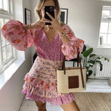 YESMYTOOL  -  women's spring summer dress long sleeve V-neck tiered ruffled dress women floral print elegant party dress