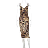 YESMYTOOL  -  Mid-claf Beach Holiday Dress 2024 Leopard Print Summer Slip Dresses for Women Elegant Sexy V-neck Sleeveless High Waist Dress