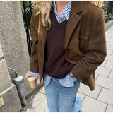 YESMYTOOL  -  Vintage Faux Suede Lapel Coats Women Loose Single Breasted Pockets Blazer Jacket 2024 Autumn New Female Casual Chic Outwears