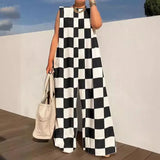 YESMYTOOL  -  Summer Loose Long Pants Playsuit Fashion Plaid Printed Patchwork Party Jumpsuit Casual Women O-neck Sleeveless Wide Leg Romper