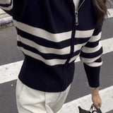 YESMYTOOL  -  Autumn Women's Stripe Lazy Style Slouchy Knit Coat Sweater Zipper Cardigan Temperament Classic Top