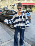 YESMYTOOL  -  Women Contrast Striped Knitted Cardigan With Scarf Oversize Long Lantern Sleeves Sweater Tops 2024 High Street Lady Knitwear  ﻿