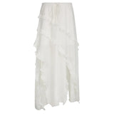 YESMYTOOL  -  Y2K White Trim Midi Skirts Women Split Low Waisted Tie Up Long Skirts Women Fairycore Summer French Skirts Holiday Beach