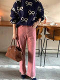 YESMYTOOL  -  Elegant Bow Printed Women Knitted Sweater Fashion Round Neck Long Sleeves Oversized Pullover 2024 Warm Lady Commuting Tops