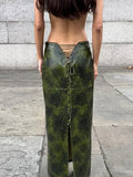 YESMYTOOL  -  Women High Waist Lace-up PU Leather Skirts Streetwear Elegant Bandage Slit Long Skirts Female Green Print Evening Party Dress