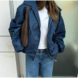 YESMYTOOL  -  Casual Lapel Short Bomber Jackets Women Loose Patchwork Zipper Pockets Long Sleeve Coat 2024 Autumn New Lady Chic Tops Outwear