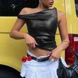 YESMYTOOL  -  Black Leather Tops Women Fashion One Shoulder Ruched Bodycon Crop Top Summer Sexy Sleeveless Night Club Party Tees 2024 Black