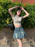 YESMYTOOL  -  Spring Summer Vintage Elegant High Waist Women's Denim Pleated Short Skirt Female Sexy Club A-line Jean Mini Skirt 2024 New Chic