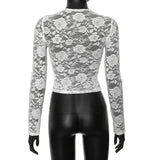 YESMYTOOL  -  Personalized Lace Spliced Solid T-shirt Sexy Sheer Low Cut Hollow Out Round Neck Lace Up Bow Tie Long Sleeve Sexy Top