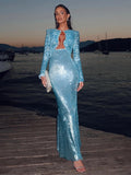 YESMYTOOL  -  Elegant Sequin Drawstring Party Long Dress Women Slim Hollow Out Full Sleeve Hip Package Robes 2024 Fashion Lady Evening Dresses