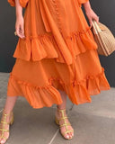 YESMYTOOL  -  Orange Ruffles Midi Dress For Women Lantern Sleeve Button Solid Dress With Belt Daily Vacation Party Vestido