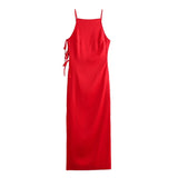 YESMYTOOL  - Red Satin Dress Woman Ties Backless Long Dress Women Sleeveless Elegant Party Dresses 2024 New Summer Sexy Evening Dresses