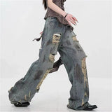 YESMYTOOL  -  Women's Wear Through Dirty Blue Distressed Jeans Summer Girl Wide-leg Denim Trousers Vintage Bottoms Female High Waisted Pants